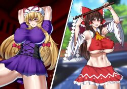 2girls big_breasts big_thighs blush breasts busty cloire_clover female huge_breasts huge_thighs large_breasts large_thighs multiple_girls navel nipple_bulge reimu_hakurei thick_thighs thighs touhou voluptuous yukari_yakumo yuri