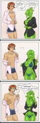 1boy 1girls abs comic digestion elf_male green_body imminent_sex large_breasts post_vore shardanic skull slime slime_girl stomach_noises undressing