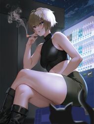 alternate_eye_color blonde_hair blue_eyes boots cigarette crop_top crossed_legs domestic_cat dyed_hair female female_only heather_mason looking_at_viewer miniskirt night outside revealing_clothes short_hair silent_hill silent_hill_3 sitting small_breasts smoking solo suzusiron vending_machine very_short_hair