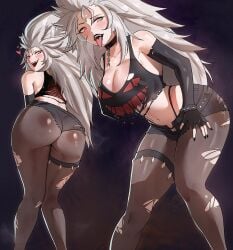 1girls ass big_ass big_breasts black_clothing breasts collar female female_only halloween_costume jamesloves_art light-skinned_female light_skin looking_at_viewer pale-skinned_female pale_skin ripped_clothing short_shorts showing_ass solo tongue_out virtual_youtuber vshojo vtuber werewolf white_hair wolf_ears wolf_girl zentreya