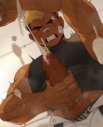 1boy bandaid bandaid_on_cheek bandaid_on_face bara baseball_uniform black_male_underwear blush censored clenched_teeth covered_nipples crotch cum cum_on_camera dark-skinned_male_blonde foreshortening from_below gay gondom highres large_pectorals looking_at_viewer looking_down looking_down_at_viewer low-angle_view male male_focus male_masturbation male_underwear male_underwear_peek masturbation mosaic_censoring muscular muscular_male open_fly original pectorals penis_focus projectile_cum shirt short_hair sideburns sleeveless sleeveless_shirt solo speed_lines sportswear squinting sweat teeth thick_eyebrows trembling underwear