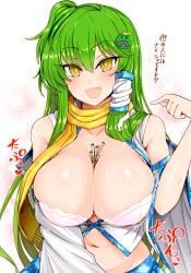 1girls belly_button blush bra breast_focus breasts cleavage clothed collarbone fangs frog_hair_ornament green_hair hair_tubes japanese_text kochiya_sanae large_breasts long_hair looking_at_viewer navel object_between_breasts open_clothes open_mouth roki_(hirokix) sanae_kochiya scarf shirt_open snake_hair_ornament solo sweat touhou translation_request yellow_eyes