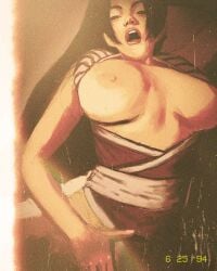 1girls 2d big_breasts breast_exposed huge_breasts king_of_fighters light-skinned_female looking_at_viewer looking_pleasured lucesparda mai_shiranui masturbating open_mouth partially_clothed thick