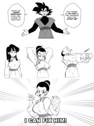 1boy 1girls big_breasts black_and_white breasts chichi dragon_ball dragon_ball_super dragon_ball_z funsexydragonball goku_black long_hair monochrome pose potara_earrings stretching time_ring