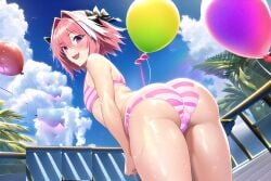 1boy ai_generated ass ass_focus astolfo_(fate) balloon beach big_ass big_butt bulge fate/apocrypha fate/grand_order fate_(series) femboy girly male male_only novelai ocean pier pink_eyes pink_hair pov rainbow shorts smile smiling smiling_at_viewer striped_panties wet wet_clothes