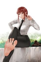 1girls barefoot barefoot_under_trousers big_breasts breasts business_suit business_woman busty chainsaw_man clothed crossed_legs curves curvy curvy_female curvy_figure easonx feet female female_only foot_fetish foot_focus large_breasts legs_crossed light-skinned_female light_skin makima_(chainsaw_man) mostly_clothed office_lady pov red_hair shoes shoes_off shoes_removed shounen_jump spiral_eyes suit suit_and_tie yellow_eyes