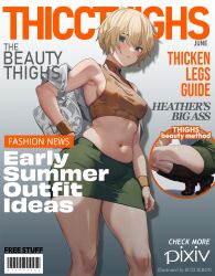 ai_generated alternate_eye_color bare_midriff blonde_hair blue_eyes blush boots crop_top english_text female female_only full_body hand_on_hip heather_mason magazine magazine_cover miniskirt navel off_shoulder open_clothes plump revealing_clothes short_hair sideboob silent_hill silent_hill_3 sleeveless sleeveless_shirt slightly_chubby small_breasts solo standing suzusiron text thick_thighs tight_clothing turtleneck vest wide_hips wristband