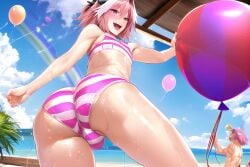 1boy ai_generated ass ass_focus astolfo_(fate) balloon beach big_ass big_butt bulge fate/apocrypha fate/grand_order fate_(series) femboy girly male male_only novelai ocean pier pink_eyes pink_hair pov rainbow shorts smile smiling smiling_at_viewer striped_panties wet wet_clothes