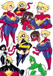 big_breasts breasts captain_marvel carol_danvers embarrassed groping_breasts huge_breasts kamala_khan mar-vell marvel marvel_comics monica_rambeau ms._marvel ms._marvel_(carol_danvers) ms._marvel_(kamala_khan) multiple_girls photon_(marvel) theguywhodrawsalot thick_thighs thighs