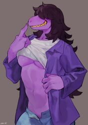 bare_midriff bebebebebe bodily_fluids deltarune female hair_over_eyes monster_girl purple_skin scalie sharp_teeth smiling susie_(deltarune) sweat tagme underboob