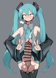 1boy areolae aroused balls big_penis blush censored clothed clothing cum dark_penis darkened_genitalia detached_sleeves double_v erection exposed_breasts femboy genderswap_(ftm) hatsune_miku huge_cock human hung_trap ineffective_clothing kemomoz light-skinned_male light_skin male male_only mostly_clothed nipples peace_sign penis rule_63 skinny solo standing surprised testicles_clench thighhighs v vocaloid