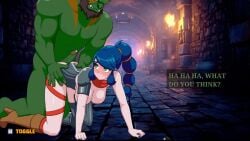 1boy 1girls blue_hair breasts cum dammitbird doggy_style gameplay goblin goblin_male green_eyes green_skin heavy_hearts human_female longer_than_one_minute nude nude_female orc tagme video video_games