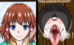 1girls after_irrumatio after_oral after_sex blue_eyes blush bondage bondage_gear bondage_outfit brown_hair cum cum_on_wall female female_only femsub fire_emblem fire_emblem:_path_of_radiance full_head_mask gimp_mask glory_hole hair_in_mouth heavy_breathing looking_at_viewer mask medium_hair mist_(fire_emblem) naughty_face nintendo okawari_muryou open_mouth photo prostitution pubic_hair pubic_hair_in_mouth runny_nose saliva scarf smile solo stray_pubic_hair tongue tongue_out