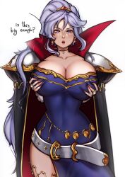 1girls bare_thighs breasts cleavage earrings english_text fire_emblem fire_emblem:_genealogy_of_the_holy_war grabbing_own_breast hourglass_figure huge_breasts ishtar_(fire_emblem) long_hair looking_at_viewer mariezone nintendo ponytail purple_eyes purple_hair solo text very_long_hair white_background wide_hips