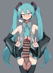 1boy areolae aroused balls clothed clothing dark_penis detached_sleeves double_v erection exposed_breasts femboy genderswap_(ftm) hatsune_miku huge_cock human hung_trap ineffective_clothing kemomoz light-skinned_male light_skin male male_only mikuo_hatsune mostly_clothed nipples peace_sign penis rule_63 skinny solo standing thighhighs v vocaloid