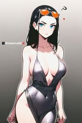 1girls ai_generated bare_shoulders blue_eyes breast collarbone dress female female_only glasses heart hips navel nico_robin one_piece post-timeskip pupils silver_dress sirpercedalai solo sunglasses sunglasses_on_head text