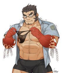 balls bara black_hair blush bulge facial_hair glasses gomtang male male_only muscles muscular penis solo solo_male tajikarao_(tokyo_afterschool_summoners) tokyo_afterschool_summoners