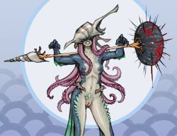 blood_on_weapon demon female fish hidden_face kraken merfolk mermaid monster monster_girl pubic_hair pubic_scales pussy scales shell small_breast solo solo_female squid starlyve tentacle tentacle_hair tentacle_on_breast ursine