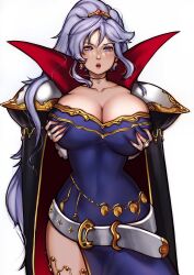 1girls bare_thighs breasts cleavage earrings fire_emblem fire_emblem:_genealogy_of_the_holy_war grabbing_own_breast hourglass_figure huge_breasts ishtar_(fire_emblem) long_hair looking_at_viewer mariezone nintendo ponytail purple_eyes purple_hair solo very_long_hair white_background wide_hips