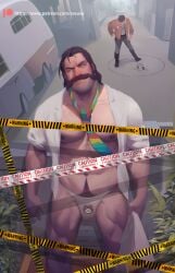 1boy 2022 bara bara_tits barazoku beard bulge chiris_110 clothing daddy disco_elysium facial_hair gay hairy harrier_du_bois hi_res highres looking_at_viewer male male_focus male_nipples male_only male_pubic_hair manly moustache muscular_male nipples solo solo_male thong underwear yaoi