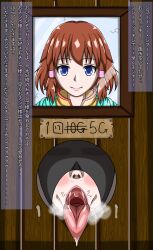 1girls after_irrumatio after_oral after_sex blue_eyes blush bondage bondage_gear bondage_outfit brown_hair cum cum_on_wall female female_only femsub fire_emblem fire_emblem:_path_of_radiance full_head_mask gimp_mask glory_hole hair_in_mouth heavy_breathing japanese_text looking_at_viewer mask medium_hair mist_(fire_emblem) naughty_face nintendo okawari_muryou open_mouth photo price prostitution pubic_hair pubic_hair_in_mouth runny_nose saliva scarf smile solo stray_pubic_hair text tongue tongue_out translation_request