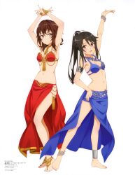 2girls anklet armpits arms_up belly_dancer belly_dancer_outfit black_hair blush brown_hair cleavage crossover dancer dancer_outfit harem harem_girl harem_outfit high_school_fleet hiromi_kuroki jiang_yifan kuroki_hiromi long_hair mashiro_munetani mc_axis medium_breasts medium_hair munetani_mashiro sarong