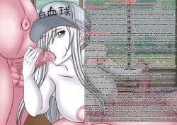 1girls 2boys aje blowjob blue_eyes cells_at_work censored english_text fat_man fellatio handjob hat hataraku_saibou hataraku_saibou_black huge_breasts lactation large_breasts long_hair mosaic_censoring nursing_handjob oral saliva saliva_on_penis text u-1196 wall_of_text white_hair white_skin