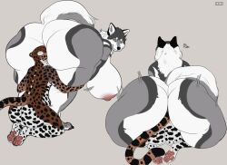 anthro artist_name ass big_breasts big_butt black_spots breasts brown_body canid duo female glistening glistening_eyes grey_background hi_res huge_breasts huge_butt kneeling mammal markings motion_lines mouth_closed nipples nude pawpads red_nipples red_pawpads roobin roobin_(character) simple_background spots spotted_arms spotted_back spotted_legs spotted_markings spotted_tail standing stinkface tail tail_markings vore white_body yellow_eyes
