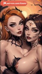 2girls ai_generated anemi breast_press breast_squeeze breasts chest costume female female/female female_focus female_only girl hair halloween halloween_2023 halloween_costume makeup naked naked_female nipple nipples yuri