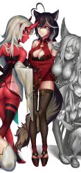 4girls ahoge animal_ears ass bare_shoulders black_hair black_legwear blue_eyes braid breasts brown_hair china_dress chinese_clothes choker cleavage dog_ears dress elbow_gloves female fox_ears glasses gloves large_breasts long_hair looking_at_viewer momotexx_(vtuber) multicolored_hair multiple_girls pelvic_curtain red_dress red_eyes red_hair sandals short_hair side_slit single_braid smile tail thighhighs virtual_youtuber vtuber vyugen white_hair wolf_ears wolf_girl yellow_eyes