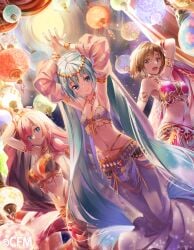 3girls belly_dancer belly_dancer_outfit blue_hair brown_hair daidou_(demitasse) detached_sleeves harem harem_girl harem_outfit harem_pants hatsune_miku large_breasts long_hair medium_breasts medium_hair megurine_luka meiko meiko_(vocaloid) pink_hair vocaloid