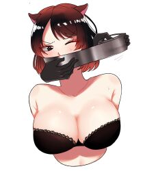 1girls animal_ears animal_girl arms_behind_back black_bra black_hair bondage bra cleavage commission commission_art commissioner_upload disembodied_hand duct_tape gag gagged gagged_female gagging gloved_hands gradient_hair hippopotamus_(kemono_friends) hippopotamus_ears kemono_friends kemonomimi large_breasts multicolored_hair red_hair short_hair tagaen810 tape tape_gag taped_mouth