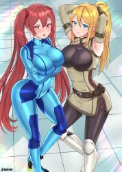 2girls alternate_costume ass blonde_hair blue_eyes bodysuit cosplay crossover female_only fire_emblem fire_emblem_awakening kaos_art large_breasts long_hair metroid multiple_girls nintendo outfit_swap ponytail red_eyes red_hair samus_aran samus_aran_(cosplay) severa_(fire_emblem) severa_(fire_emblem)_(cosplay) super_smash_bros. twintails zero_suit zero_suit_samus_(cosplay)