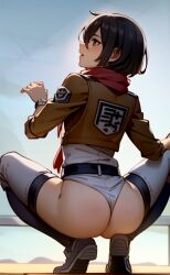 ai_generated ass attack_on_titan blush dark_hair from_behind mikasa_ackerman open_mouth red_scarf short_hair squatting trompitpro