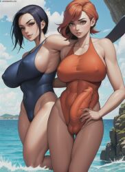 1futa 1girls ai_generated beach big_breasts futa_focus futanari huge_cock looking_at_viewer naughty_faun penis penis_bulge penis_outline sea swimsuit tagme