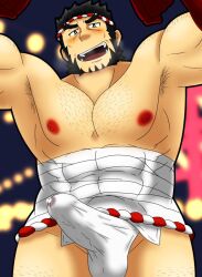 aotan_insitao balls bara black_hair blush boner erection erection_under_clothes facial_hair fundoshi male male_only muscles muscular nejiri_hachimaki penis solo solo_male tajikarao_(tokyo_afterschool_summoners) tokyo_afterschool_summoners