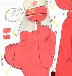 1boy 1girls arms_covering_nipples big_breasts blush blushing china_(countryhumans) completely_naked_female countryhumans countryhumans_girl covered_nipples covering_breasts curvy_figure erection erection_under_clothes kak0yt0_chel mouth_watering multicolored_eyes naked_female red_body shy soviet_union_(countryhumans) sweaty_body ushanka