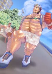 balls bara black_hair bulge exercise facial_hair genta_iwayama male male_only muscles muscular musk penis shirtless shorts solo solo_male sweat sweating tajikarao_(tokyo_afterschool_summoners) tokyo_afterschool_summoners