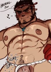 balls bara black_hair blush closed_eyes cum cum_on_penis facial_hair fundoshi fundoshi_aside jhitoart male male_only muscles muscular nejiri_hachimaki penis shirtless solo solo_male tajikarao_(tokyo_afterschool_summoners) tokyo_afterschool_summoners