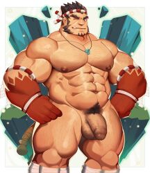 balls bara black_hair dsharp_k facial_hair flaccid male male_only muscles muscular nejiri_hachimaki nude one_eye_closed penis solo solo_male tajikarao_(tokyo_afterschool_summoners) tokyo_afterschool_summoners