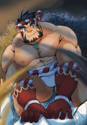 balls bara black_hair bulge facial_hair fundoshi goriin male male_only muscles muscular nejiri_hachimaki penis solo solo_male tajikarao_(tokyo_afterschool_summoners) tokyo_afterschool_summoners