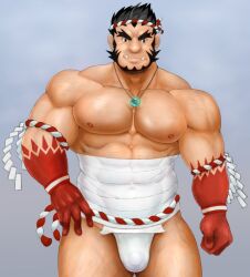 balls bara black_hair blush d0iii0b facial_hair fundoshi male male_only muscles muscular nejiri_hachimaki penis solo solo_male tajikarao_(tokyo_afterschool_summoners) tokyo_afterschool_summoners