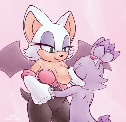 2girls anthro anthro_only artist_signature big_breasts blaze_the_cat bodysuit breast_sucking breasts cleavage eyelashes eyeliner eyeshadow female female_only furry furry_only gloves holding_hands hot_shelter_(artist) hug lipstick long_gloves makeup medium_hair nipples nipples_visible_through_clothing nude ponytail rouge_the_bat sega simple_background small_breasts sonic_(series) sonic_the_hedgehog_(series) tail wide_hips wings yuri