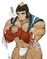 balls bara black_hair bulge facial_hair fundoshi gomtang japanese_clothes male male_only muscles muscular penis solo solo_male tajikarao_(tokyo_afterschool_summoners) tokyo_afterschool_summoners