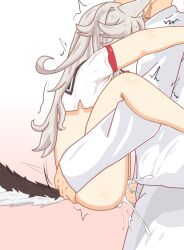 1boy 1girls azur_lane bottomless bottomless_female carrying_position clothed_sex cum cum_drip cum_in_pussy cum_inside ejaculation grey_hair making_love overflow sex standing_sex upright_straddle vaginal_penetration white_shirt wolf_ears wolf_girl wolf_tail yuudachi_(azur_lane)