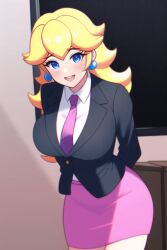 1girls ai_generated black_blazer blazer blonde_hair blue_eyes breasts chalkboard earrings krabbytheklown large_breasts long_hair looking_at_viewer mario_(series) necktie nintendo office_lady pencil_skirt pink_skirt princess_peach shirt skirt teacher white_shirt