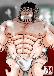 balls bara black_hair blush boner bulge closed_eyes erection erection_under_clothes facial_hair fundoshi male male_only muscles muscular musk penis solo solo_male sweat sweating tajikarao_(tokyo_afterschool_summoners) takuang1919 tokyo_afterschool_summoners