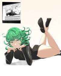 1girls ahoge ass bare_legs big_ass black_dress black_footwear breasts closed_mouth collared_dress curly_hair dress elbow_rest english_commentary feet_up female female female_only green_eyes green_hair head_rest high_heels highres long_sleeves looking_at_viewer lying on_stomach one-punch_man pomelomelon reference_inset short_hair side_slit simple_background small_breasts smile solo tatsumaki the_pose