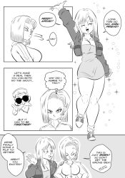 1boy 2girls android_18 anger_vein big_breasts black_and_white breasts dragon_ball dragon_ball_z funsexydragonball maron master_roshi monochrome sunglasses