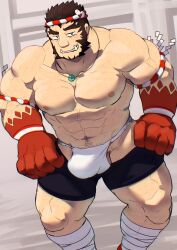 balls bara black_hair bulge facial_hair fundoshi male male_only muscles muscular nejiri_hachimaki penis shirosaru solo solo_male tajikarao_(tokyo_afterschool_summoners) tokyo_afterschool_summoners undressing